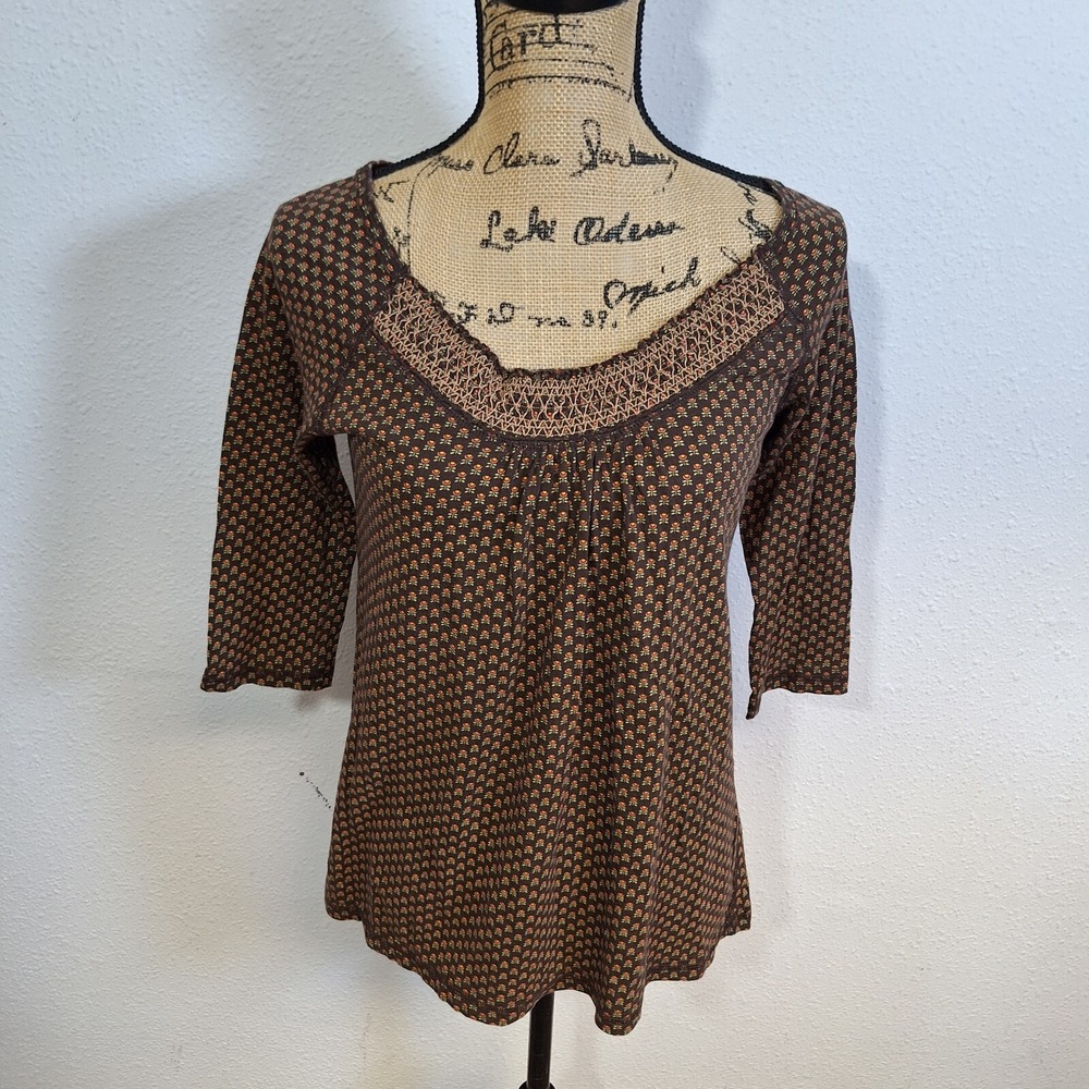 Ann Tayor Loft Brown 3/4 Sleeve Womens Top Medium Floral Pattern Decorative Neck